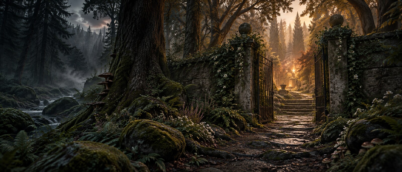 A luminous gate opening into a mythic forest garden